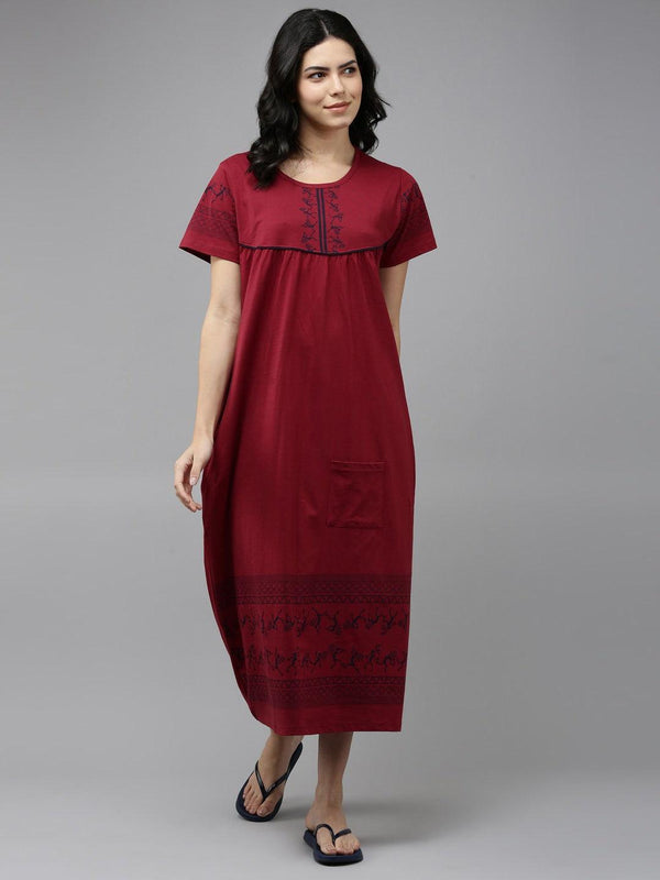 Women Pure Cotton Printed Round Neck Nightdress - Kryptic Fashions