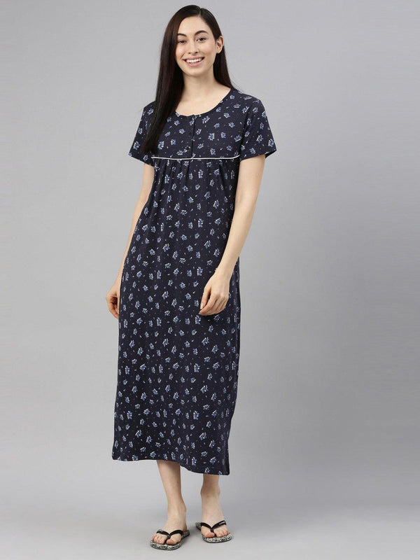 Women Pure Cotton Printed Round Neck Nightdress - Kryptic Fashions