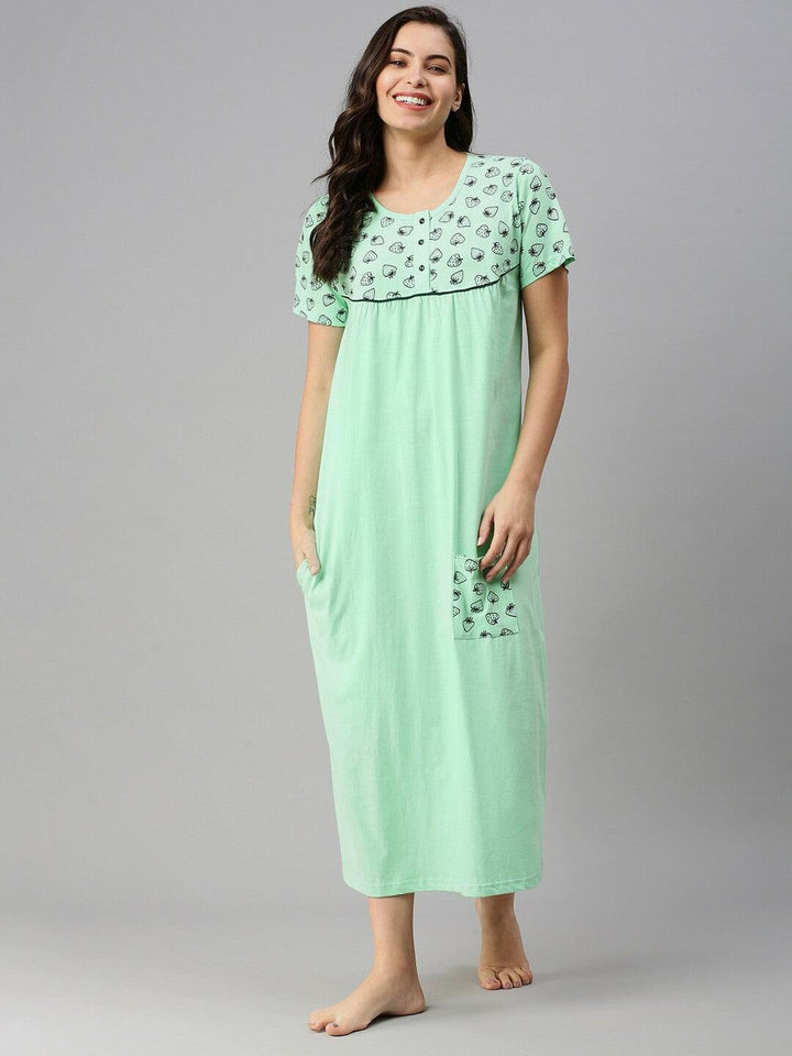 Women Pure Cotton Printed Round Neck Nightdress - Kryptic Fashions