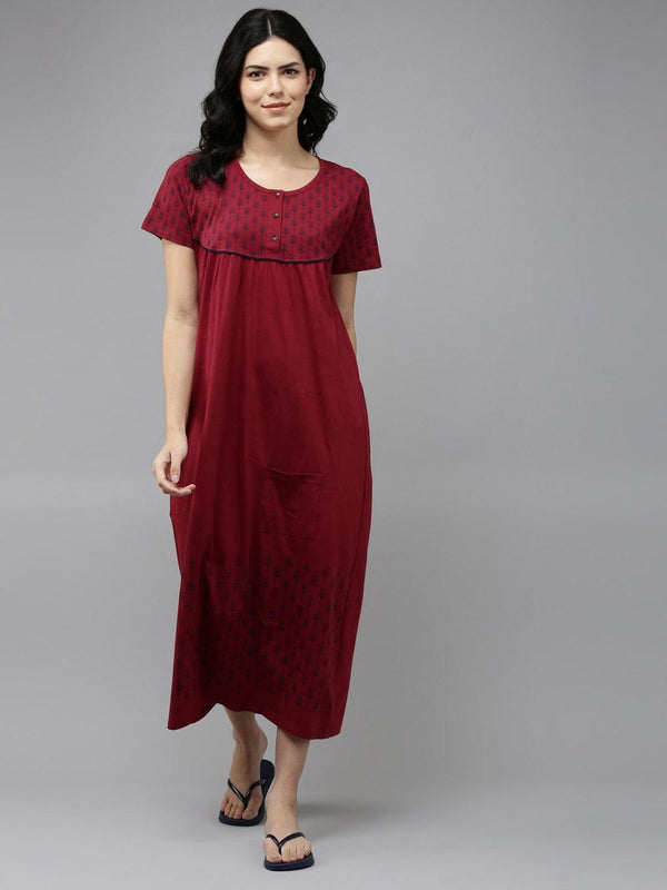 Women Pure Cotton Printed Round Neck Nightdress - Kryptic Fashions