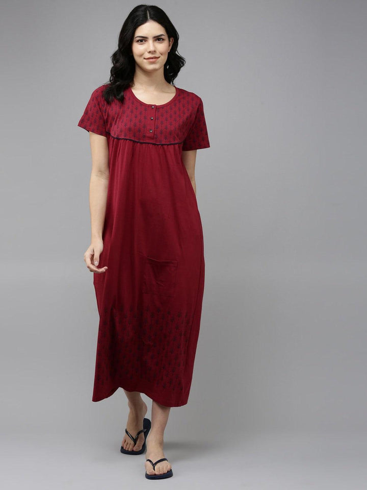 Women Pure Cotton Printed Round Neck Nightdress - Kryptic Fashions