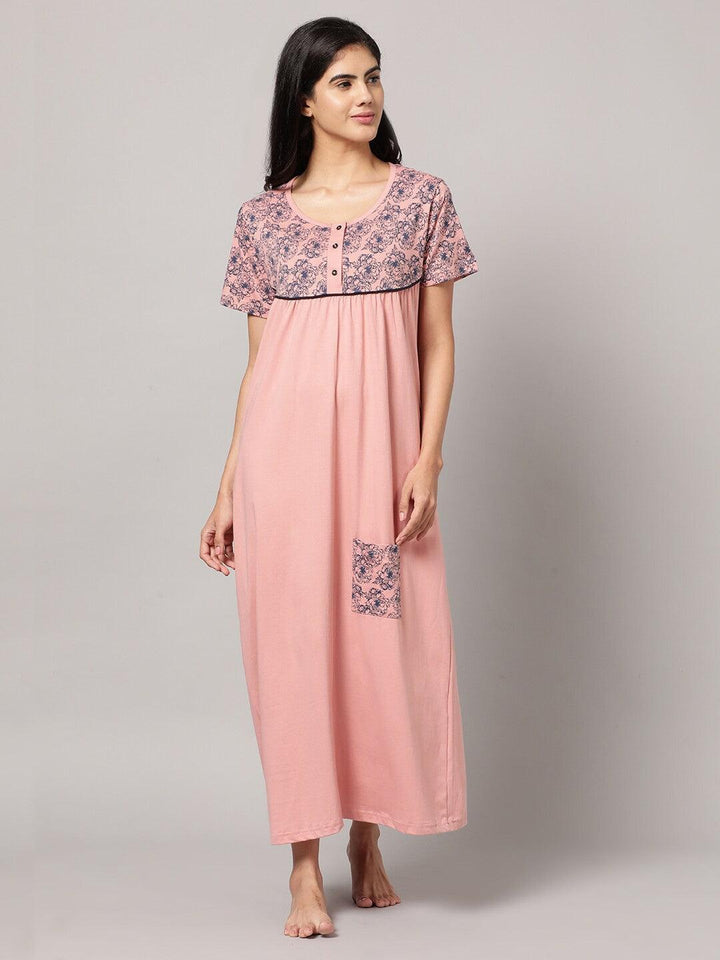 Women Pure Cotton Printed Round Neck Nightdress - Kryptic Fashions