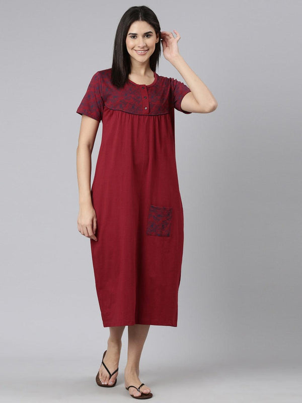 Women Pure Cotton Printed Round Neck Nightdress - Kryptic Fashions