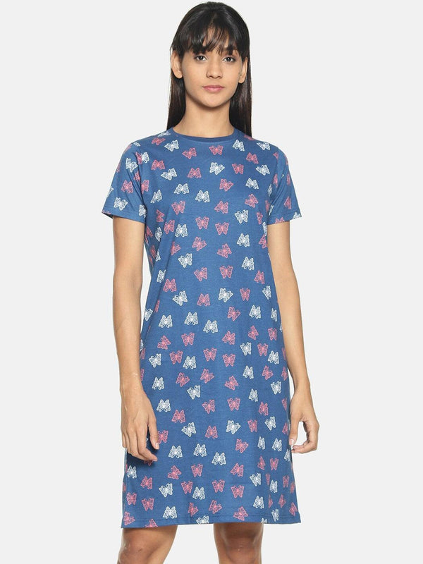 Women Pure Cotton Printed Round Neck Nightdress - Kryptic Fashions