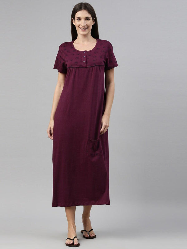 Women Pure Cotton Printed Round Neck Nightdress - Kryptic Fashions