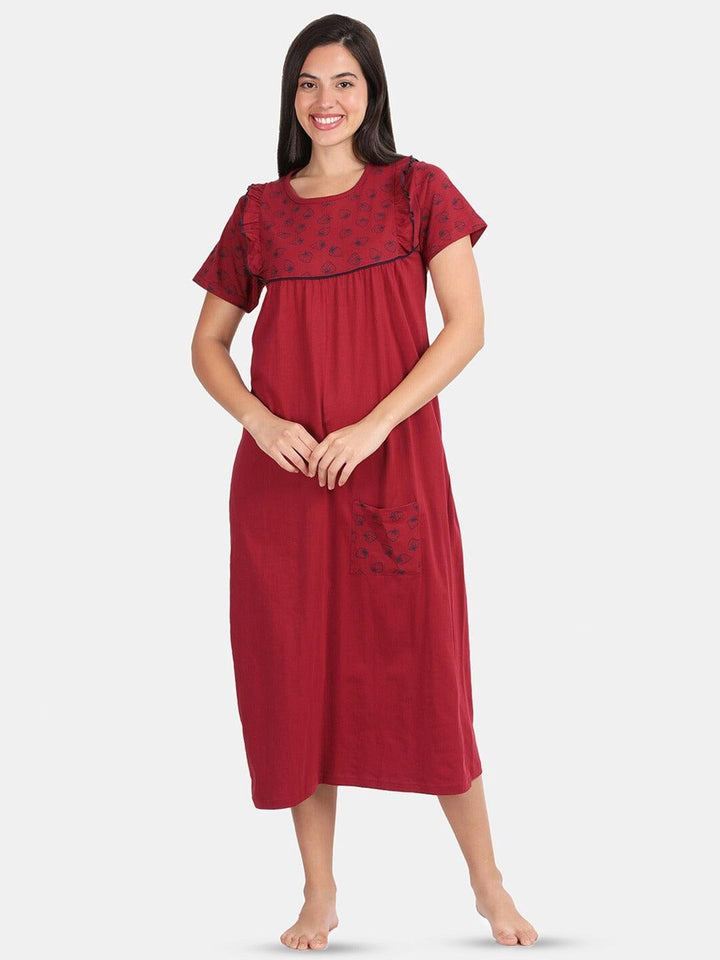 Women Pure Cotton Printed Round Neck Nightdress - Kryptic Fashions