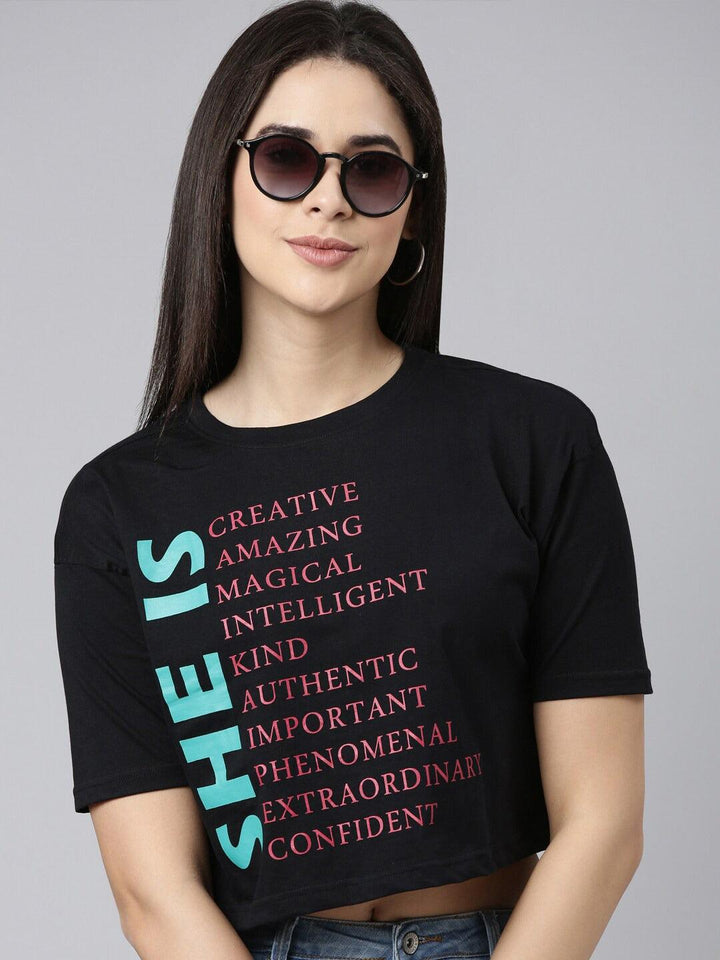 Women Typography Printed Drop-Shoulder Sleeves Cropped Pure Cotton T-shirt - Kryptic Fashions