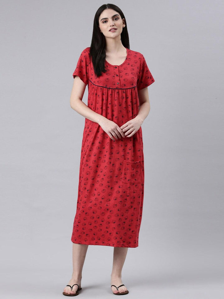 Women Pure Cotton Printed Round Neck Nightdress - Kryptic Fashions