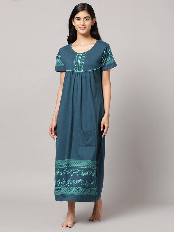 Women Pure Cotton Printed Round Neck Nightdress - Kryptic Fashions