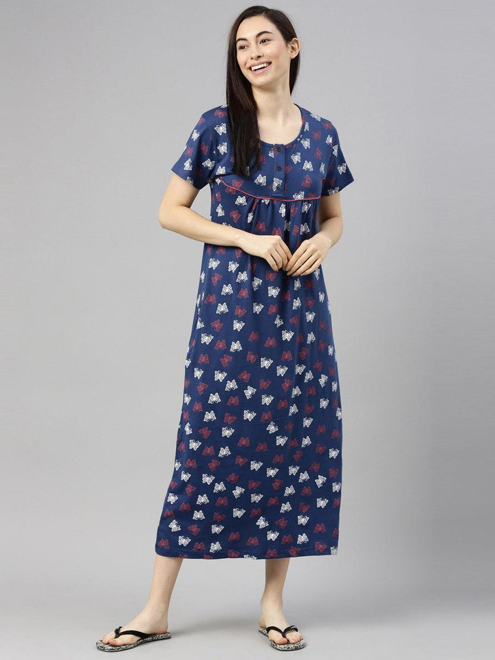 Women Pure Cotton Printed Round Neck Nightdress - Kryptic Fashions