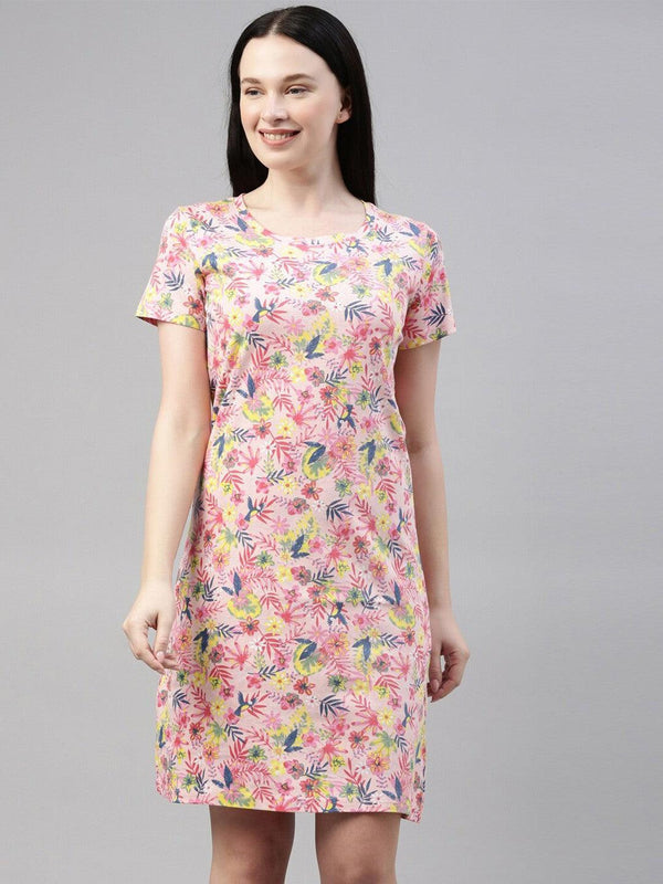 Women Pure Cotton Printed Round Neck Nightdress - Kryptic Fashions