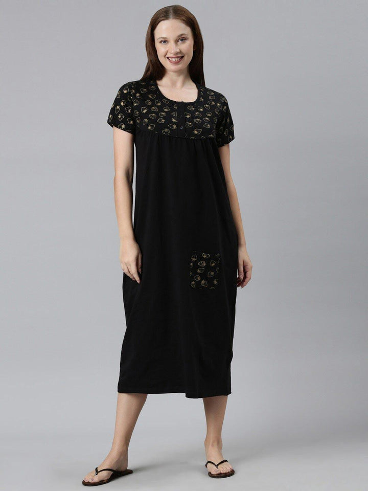 Women Pure Cotton Printed Round Neck Nightdress - Kryptic Fashions