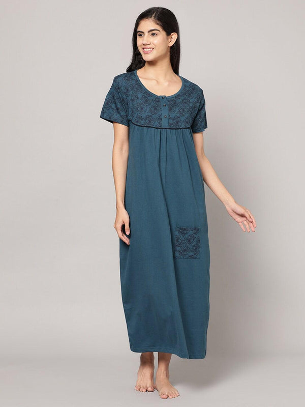 Women Pure Cotton Printed Round Neck Nightdress - Kryptic Fashions