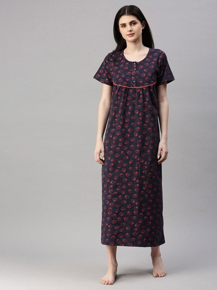 Women Pure Cotton Printed Round Neck Nightdress - Kryptic Fashions