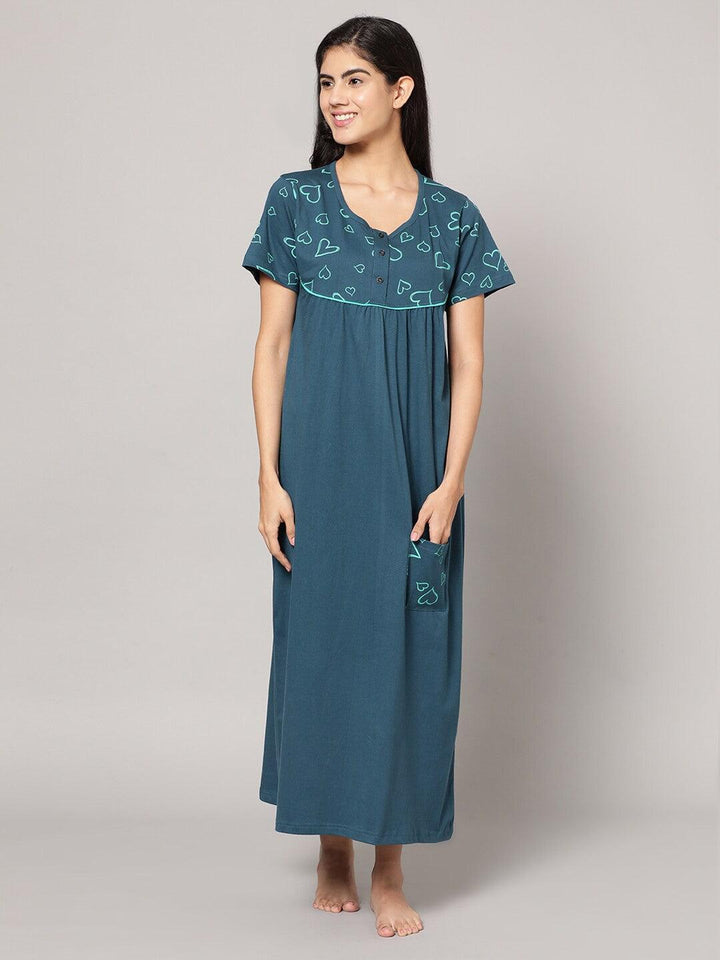 Women Pure Cotton Printed Round Neck Nightdress - Kryptic Fashions