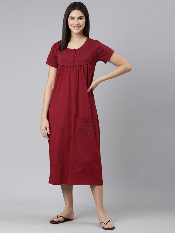 Women Pure Cotton Printed Round Neck Nightdress - Kryptic Fashions