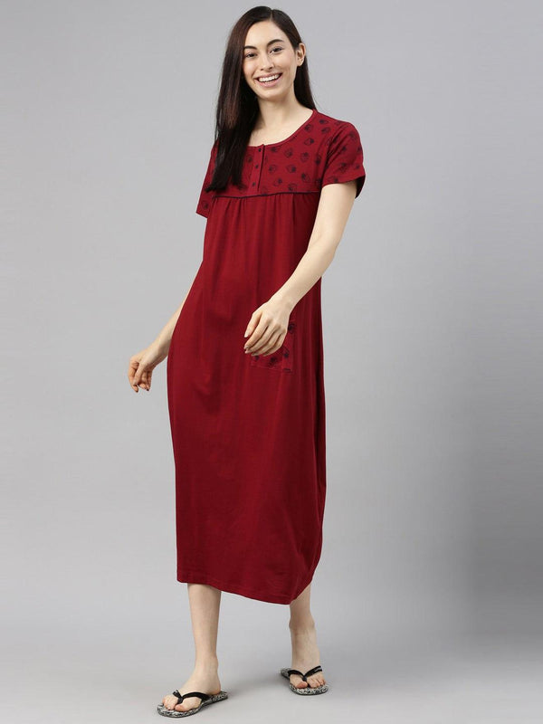 Women Pure Cotton Printed Round Neck Nightdress - Kryptic Fashions