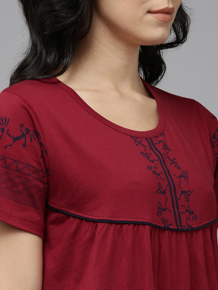 Women Pure Cotton Printed Round Neck Nightdress - Kryptic Fashions