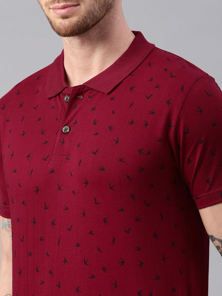 Men Birds Printed Pure Cotton Polo Collar Tshirts - Kryptic Fashions