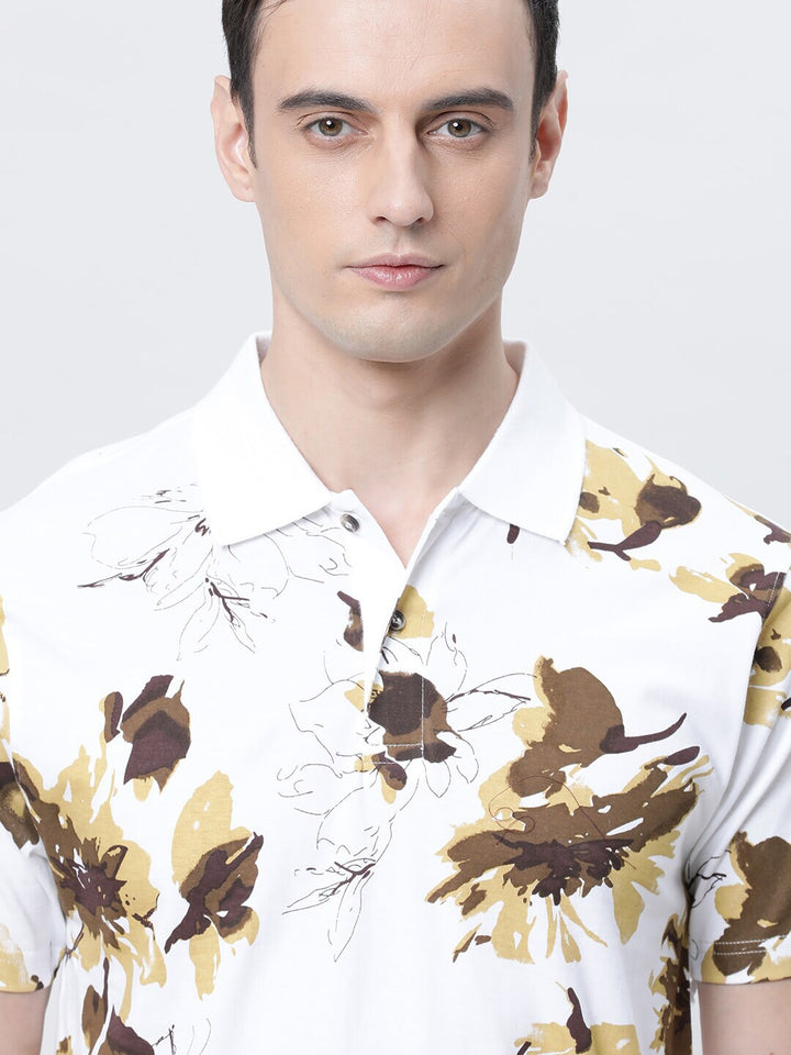 Men Floral Printed Polo Collar Pure Cotton T-shirt - Kryptic Fashions