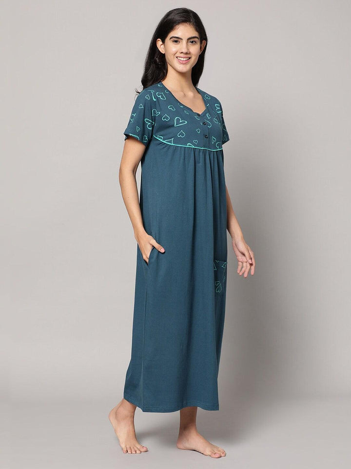 Women Pure Cotton Printed Round Neck Nightdress - Kryptic Fashions