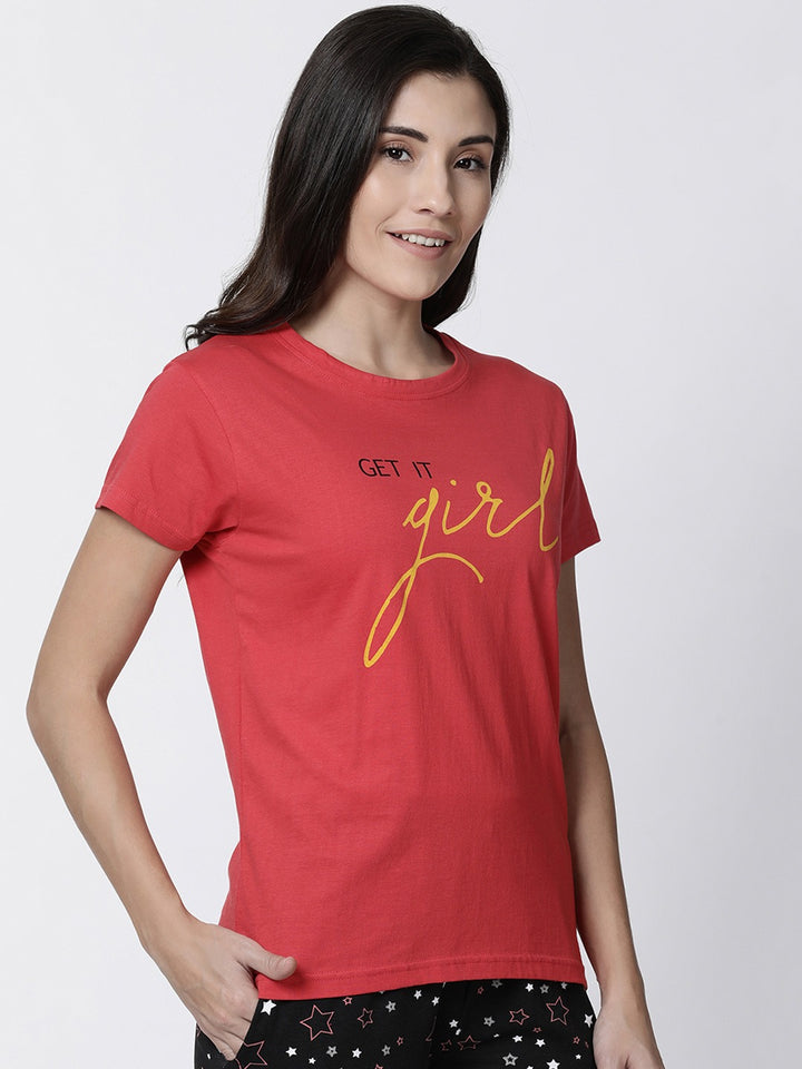 Women Printed Round Neck Pure Cotton Lounge T-shirt - Kryptic Fashions