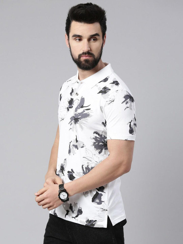 Men Floral Printed Polo Collar Pure Cotton T-shirt - Kryptic Fashions