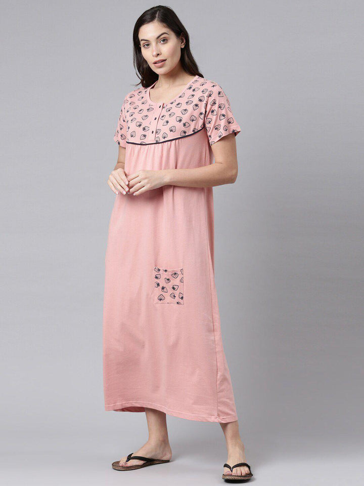 Women Pure Cotton Printed Round Neck Nightdress - Kryptic Fashions