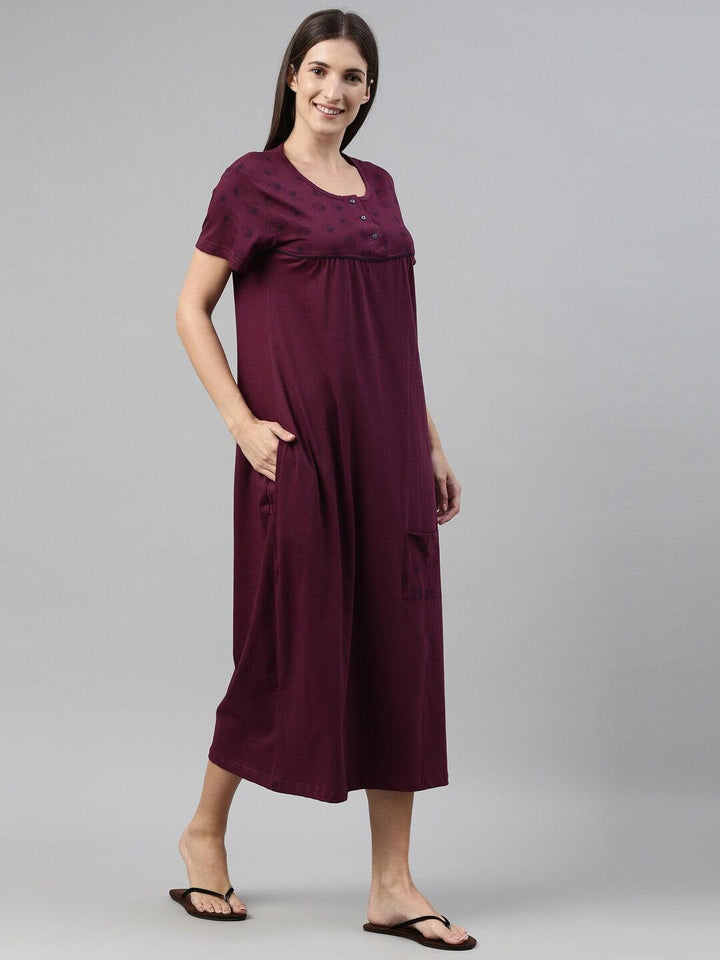 Women Pure Cotton Printed Round Neck Nightdress - Kryptic Fashions