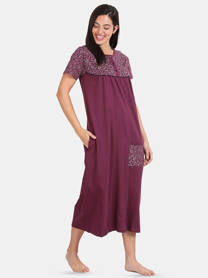 Women Pure Cotton Printed Round Neck Nightdress - Kryptic Fashions