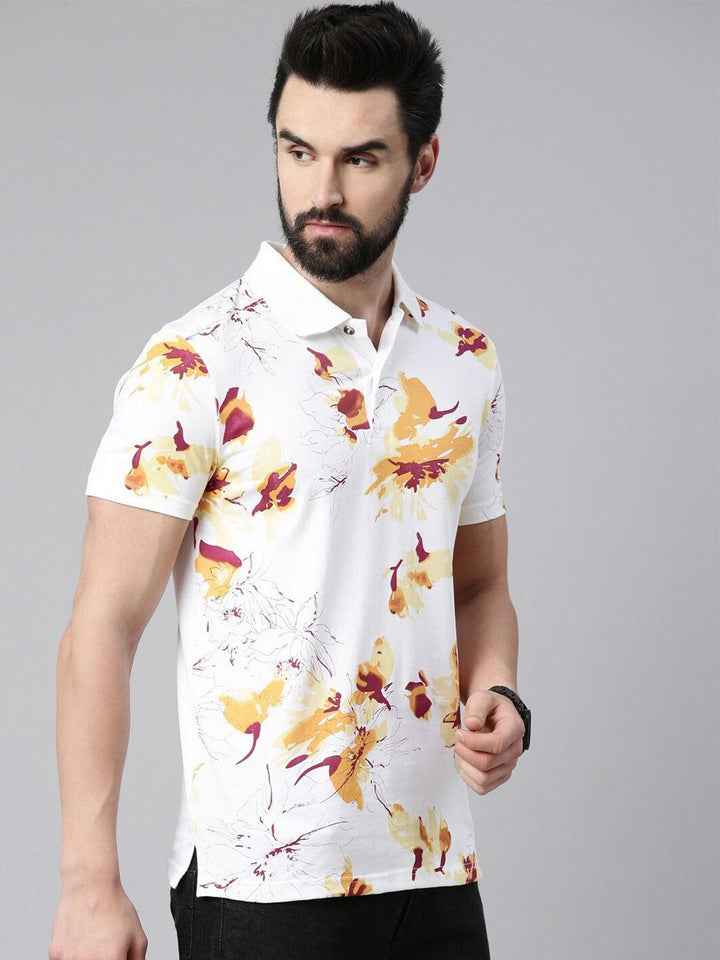 Men Floral Printed Polo Collar Pure Cotton T-shirt - Kryptic Fashions