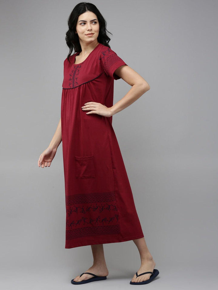 Women Pure Cotton Printed Round Neck Nightdress - Kryptic Fashions