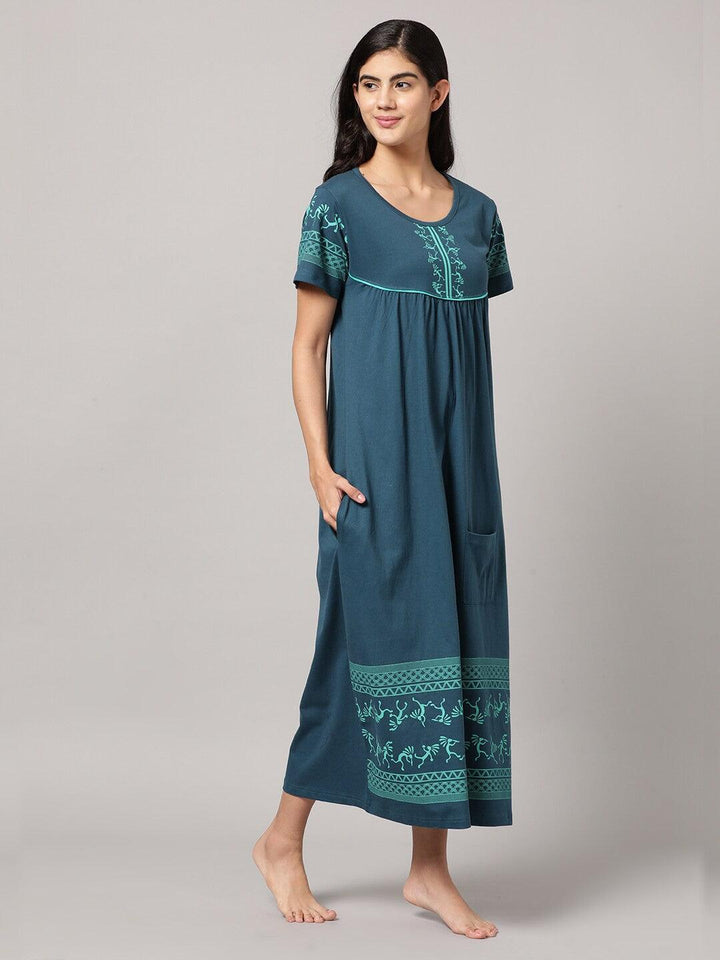 Women Pure Cotton Printed Round Neck Nightdress - Kryptic Fashions