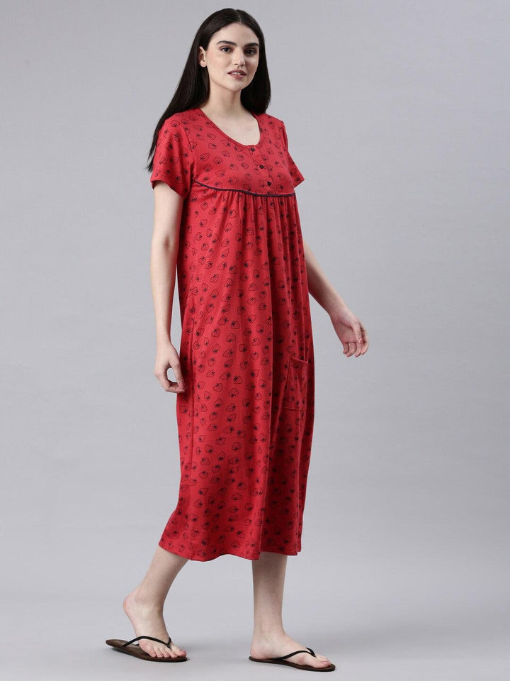 Women Pure Cotton Printed Round Neck Nightdress - Kryptic Fashions