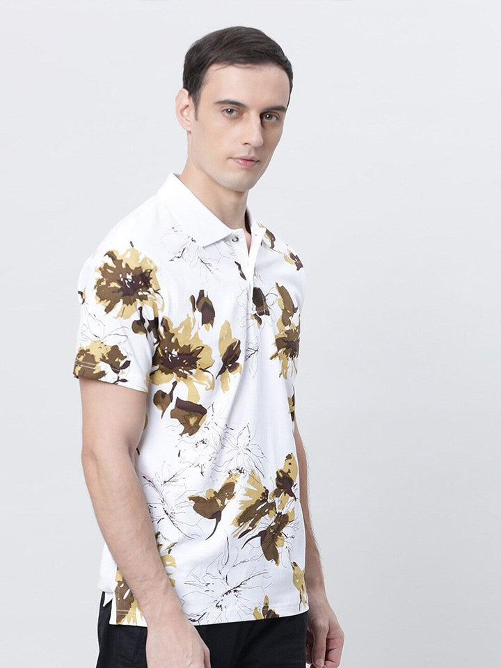 Men Floral Printed Polo Collar Pure Cotton T-shirt - Kryptic Fashions