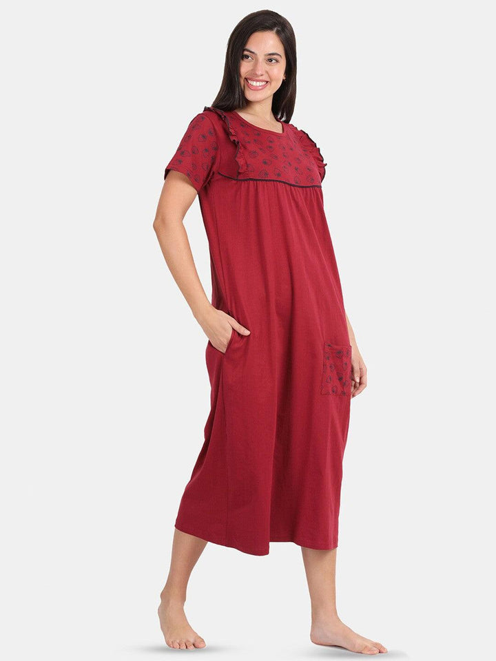 Women Pure Cotton Printed Round Neck Nightdress - Kryptic Fashions