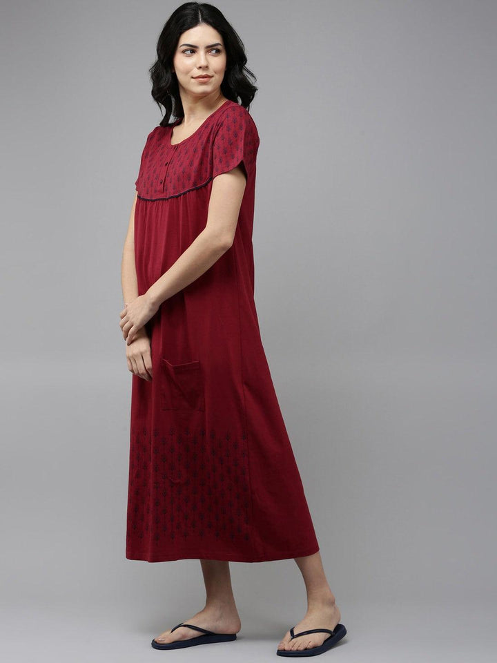 Women Pure Cotton Printed Round Neck Nightdress - Kryptic Fashions