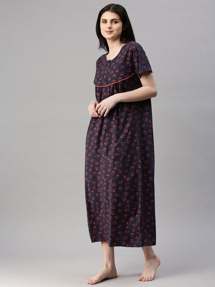 Women Pure Cotton Printed Round Neck Nightdress - Kryptic Fashions