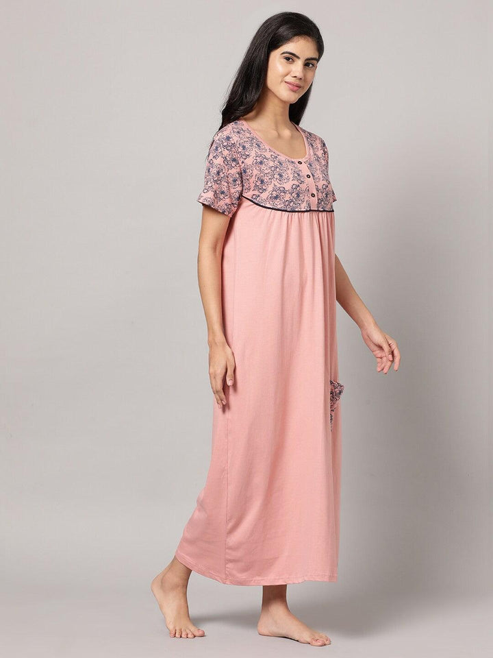 Women Pure Cotton Printed Round Neck Nightdress - Kryptic Fashions