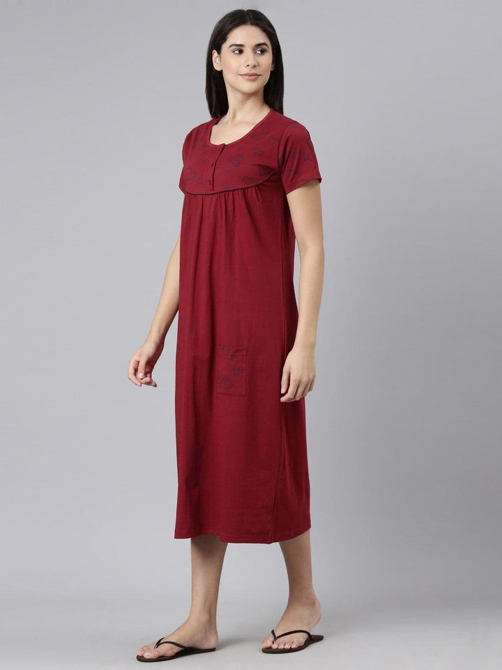 Women Pure Cotton Printed Round Neck Nightdress - Kryptic Fashions