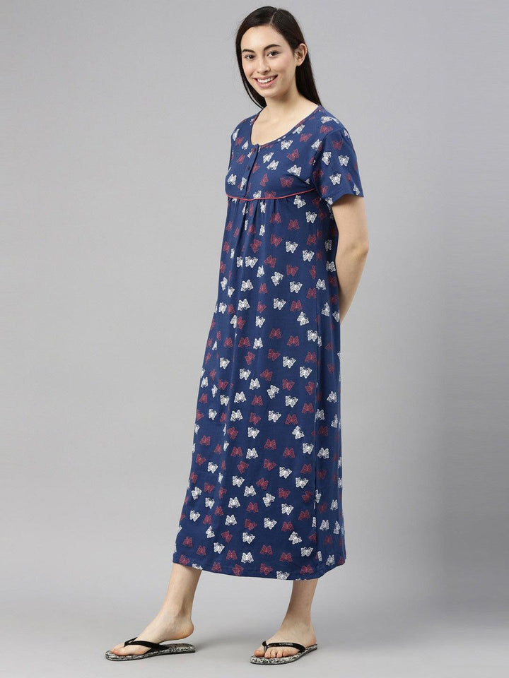 Women Pure Cotton Printed Round Neck Nightdress - Kryptic Fashions