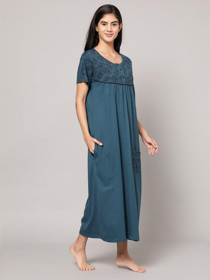 Women Pure Cotton Printed Round Neck Nightdress - Kryptic Fashions