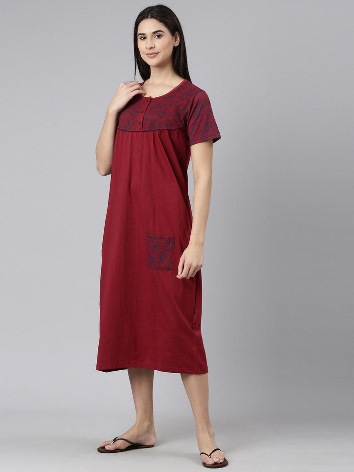 Women Pure Cotton Printed Round Neck Nightdress - Kryptic Fashions