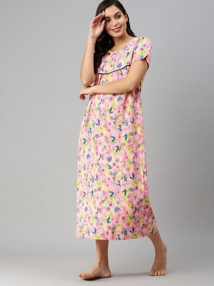 Women Pure Cotton Printed Round Neck Nightdress - Kryptic Fashions