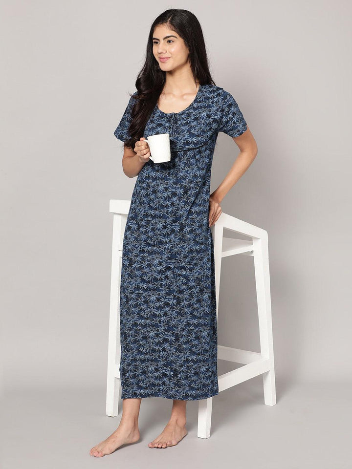 Women Pure Cotton Printed Round Neck Nightdress - Kryptic Fashions