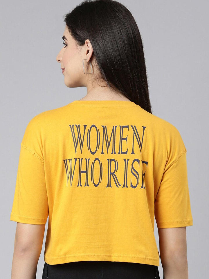 Women Typography Printed Oversized Drop-Shoulder Sleeves Cropped Pure Cotton T-shirt - Kryptic Fashions