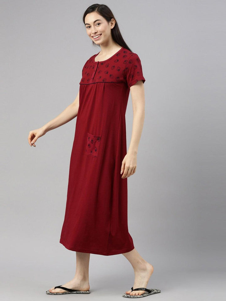 Women Pure Cotton Printed Round Neck Nightdress - Kryptic Fashions