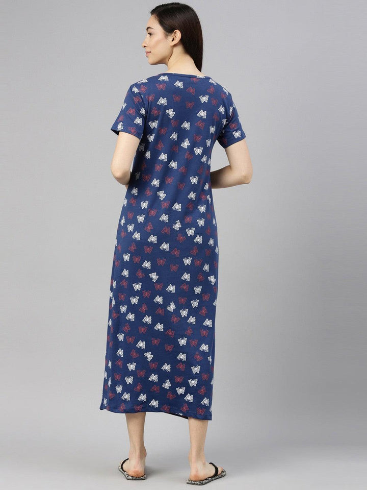 Women Pure Cotton Printed Round Neck Nightdress - Kryptic Fashions