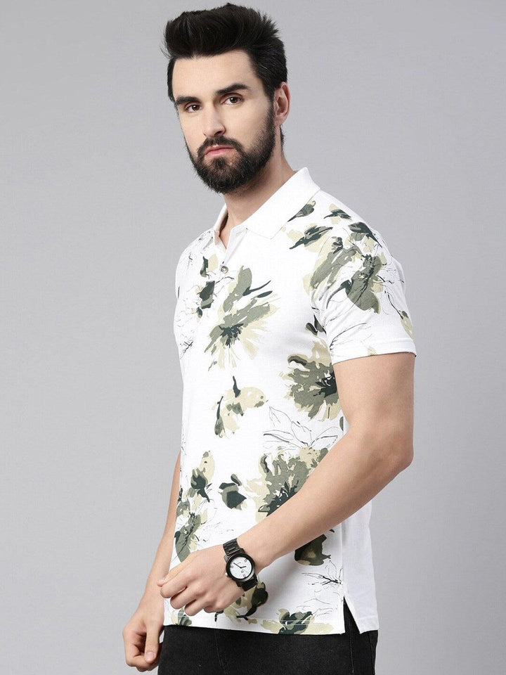 Men Floral Printed Polo Collar Pure Cotton T-shirt - Kryptic Fashions