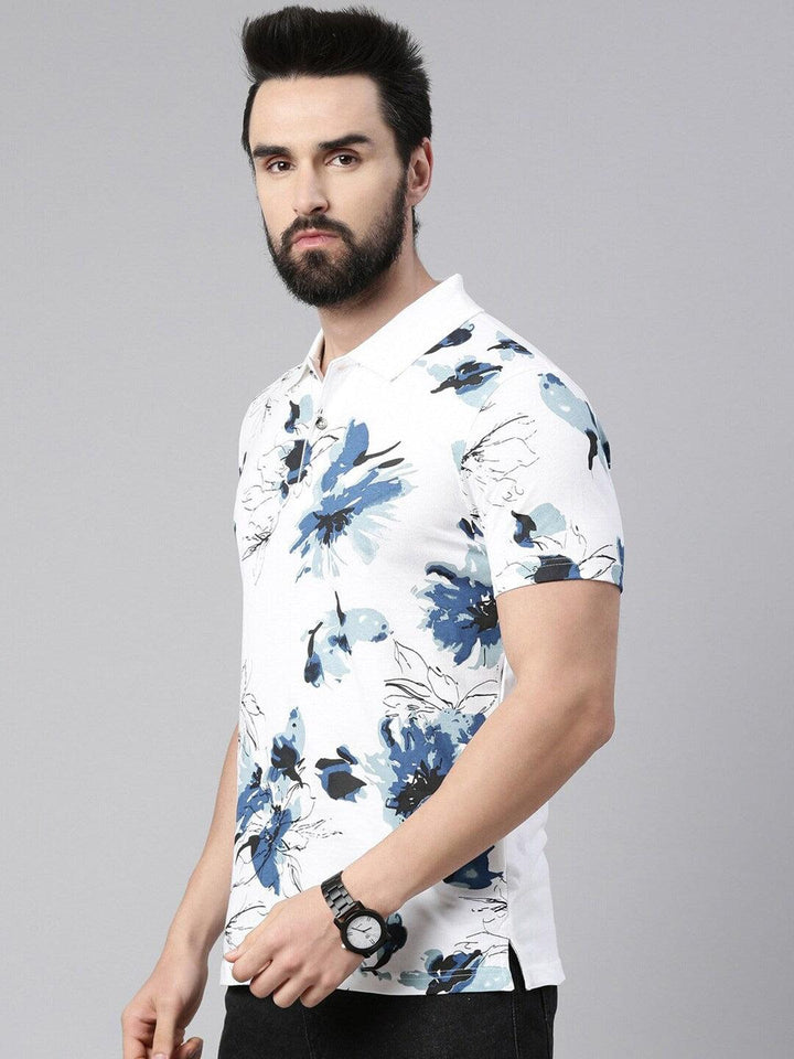 Men Floral Printed Polo Collar Pure Cotton T-shirt - Kryptic Fashions